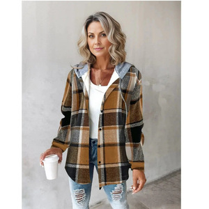Vente en gros <span class=keywords><strong>de</strong></span> manteaux pour femmes à carreaux à capuche, décontractés, élégants, pour le travail, amples et confortables, collection automne-hiver européenne et américaine - Product Image 2