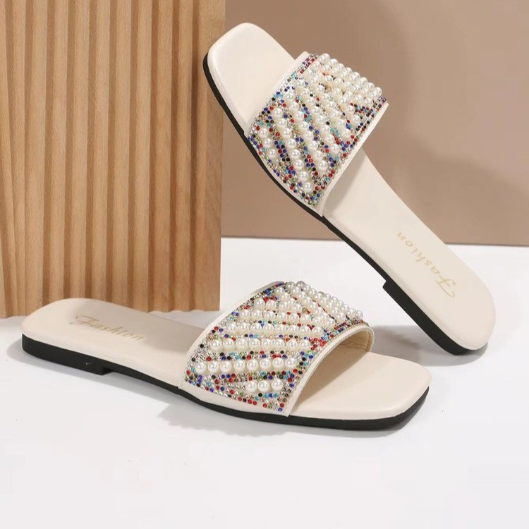 Color Diamond Slippers Women 2023 Summer Flat Rhinestone Slippers 35-43 Beach Sandals