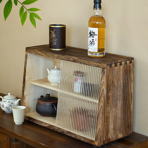 Retro paulownia wood cup rack, sliding tabletop <b>sideboard</b>, multi-layer tea set, coffee cup <b>storage</b> cabinet, water cup holder - Product Image 1