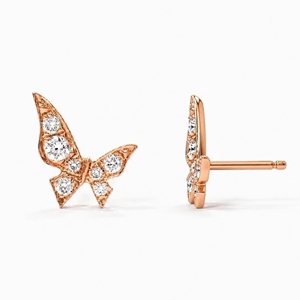 Delicate Romantic Butterfly Fine Stud Earring Solid Eighteen Karat <b>Rose</b> Gold Inlaid Round Natural Diamonds Two Stones On <b>Top</b> - Product Image 1