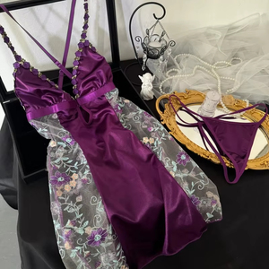 Wholesale Erotic Patchwork <b>Perspective</b> Mesh Embroidery Lingerie Set Sexy Sleeveless V Neck Bra Set - Product Image 6