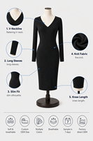 Robe en tricot opaque de qualité supérieure 280GSM, coupe ajustée, élégante, pour l'hiver, col en V, manches longues, longueur genou, pour femmes, logo personnalisé OEM