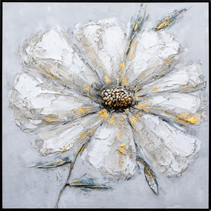 Arte Floral Pintado a Mano, Pintura al Óleo de Flores Blancas con Detalles Dorados, <span class=keywords><strong>Fondo</strong></span> Azul Claro, Lienzo Floral, Pintura Floral Elegante - Product Image 3