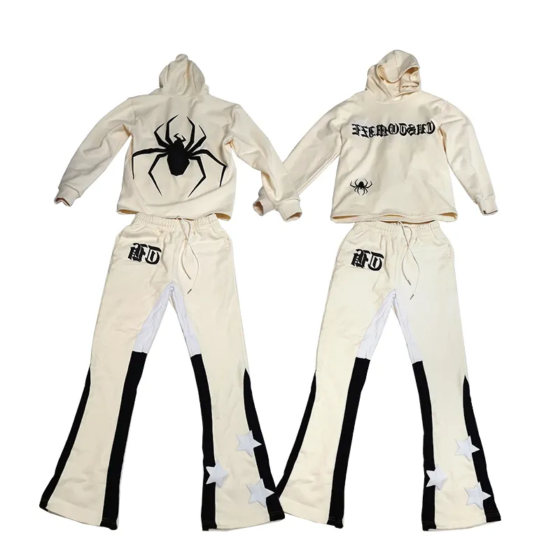 Custom 3D Puff Print Streetwear Mens Flare Sweatsuit French Terry Spider Hooded Heavyweight Flared Sweatpants And Hoodies Set