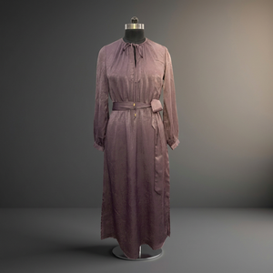 Robe longue élégante en satin violet avec col noué, manches longues, coupe ample, ourlet asymétrique, ceinture, style décontracté pour tous les jours - Product Image 2