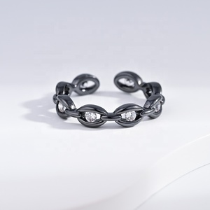 Anillo de Plata de Ley 925, Estilo Hip Hop, Color Negro, para Chicas, Antideslustre, Apilable, Geométrico, con Circonita, Ajustable, Precio de Fábrica - Product Image 3