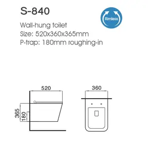 Thiết bị vệ sinh hiện đại hình vuông treo commode P-trap S-840 nhà vệ sinh WC gốm tường treo nhà vệ sinh với giấu nhà vệ sinh bể