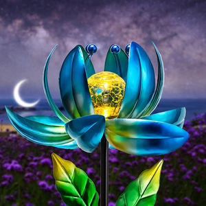 Fiore di loto palo di metallo colorato filatura mulino a vento luce a LED sfera di vetro giardino arredamento vento solare filatore - Product Image 1