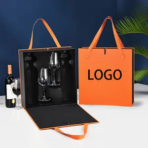 Sang Trọng Tùy Chỉnh LOGO Rượu Vang Đỏ Bao Bì Di Động Hộp Quà Tặng Da New Wine Box Với Cup Quà Tặng Rượu Thủy Tinh Hộp Xách Tay