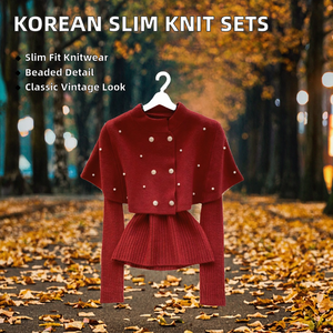 Women's Korean Autumn Solid Sweating Beading Regular Fit Knitted Suit <b>One</b> Set Midi <b>Tops</b> Wholesale - Product Image 2