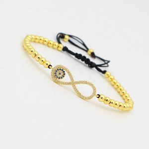 Moda chapado en oro 4MM cuentas de latón Mirco Pave CZ número ocho 8 infinito ojo encanto ajustable cordón negro pulsera - Product Image 2