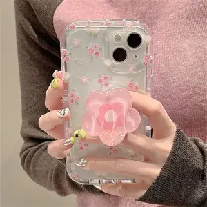 Funda de teléfono con soporte de flor rosa de arena movediza para iPhone 15 14 12 13 11 Pro Max Plus INS Korea Girl Stand Floral Clear Soft Cover