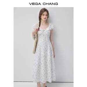 VEGA CHANG Abito Bianco con Stampa Floreale e Collo Arricciato per Donne, con Dettaglio Fiocco e Tessuto in Chiffon, Abito Midi Casual - Product Image 1