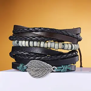 Wholesale New Leather Suit Bracelet Creative Leaf Wood Bead Bracelet Woven Leather Adjustable Bangles for Men