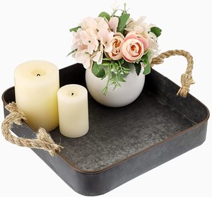 ถาดโลหะตกแต่งรูปทรงสี่เหลี่ยมพร้อมที่จับเชือกโลหะชุบสังกะสีสําหรับเสิร์ฟตกแต่งในบ้านโรงแรมและร้านอาหาร - Product Image 3