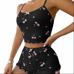 <span class=keywords><strong>Pigiama</strong></span> <span class=keywords><strong>Estivo</strong></span> da <span class=keywords><strong>Donna</strong></span> <span class=keywords><strong>Taglie</strong></span> <span class=keywords><strong>Forti</strong></span> con Stampa Ciliegie e Fiocco, Personalizzabile con Logo, Pantaloncini Casual con Elastico in Vita, Vendita Calda - Product Image 4