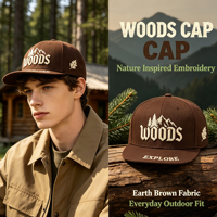 Casquette Snapback 6 Panneaux pour l'extérieur, couleur marron terre uni, avec broderie 3D Motif Feuille d'Arbre de Montagne WOODS