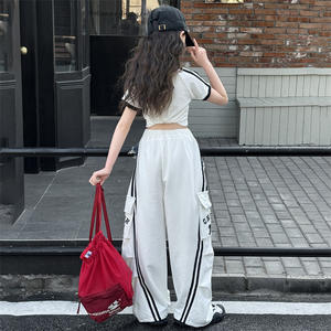 Teenager Mädchen Schwarz Weiß Buchstabe Nummer Druck Crop Top Patchwork Hose 2 Pcs Cool Suit Set - Product Image 5