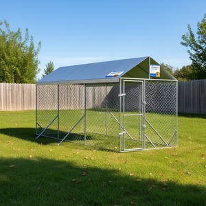 Outdoor Dog Kennel 6.6'x19.7'x8.2' Galvanized Steel Pet Cage Silver Roof <b>Large</b> Breed All Seasons - Product Image 2