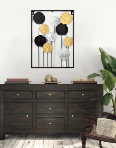 Arte Murale in Metallo Astratta Moderna, Decorazione Geometrica Floreale in Nero, Oro e Argento, Scultura da Parete Incorniciata per Soggiorno e Hotel - Product Image 6