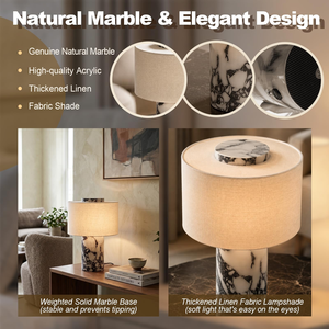 Rechargeable Marble <b>Table</b> Lamp Linen Shade Cordless Touch Dimmable Bedside Ambient <b>Light</b> Luxury Cylindrical Desk Lamp - Product Image 4