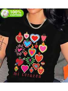 Maglietta Crop da Donna con Motivo Cuore Mi Corazon, Manica Corta, Collo Tondo, Stampa Casual, Primavera Estate, 100% Cotone Jersey - Product Image 3