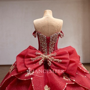 Rsm261096 Gorgeous Off Shoulder Beaded Corset Gold Lace Applique <b>Red</b> <b>Glitter</b> Tulle Ball Gown Quinceanera Dress Jancember - Product Image 4
