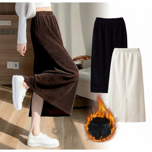 Gonna Dorata in Pile Caldo da Donna con Fascia in Velluto a Coste e Design Dritto Plissettato - Product Image 1