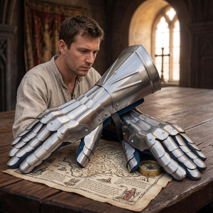 Gants de guerrier médiévaux en acier plaqué argent, style antique, objets de collection d'art de forge. - Product Image 1