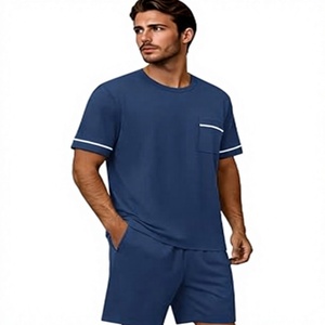 Ensemble short 2 pièces unisexe bleu marine, t-shirt col rond avec poche, coupe classique, décontracté, en coton tricoté extensible pour l'été - Product Image 4