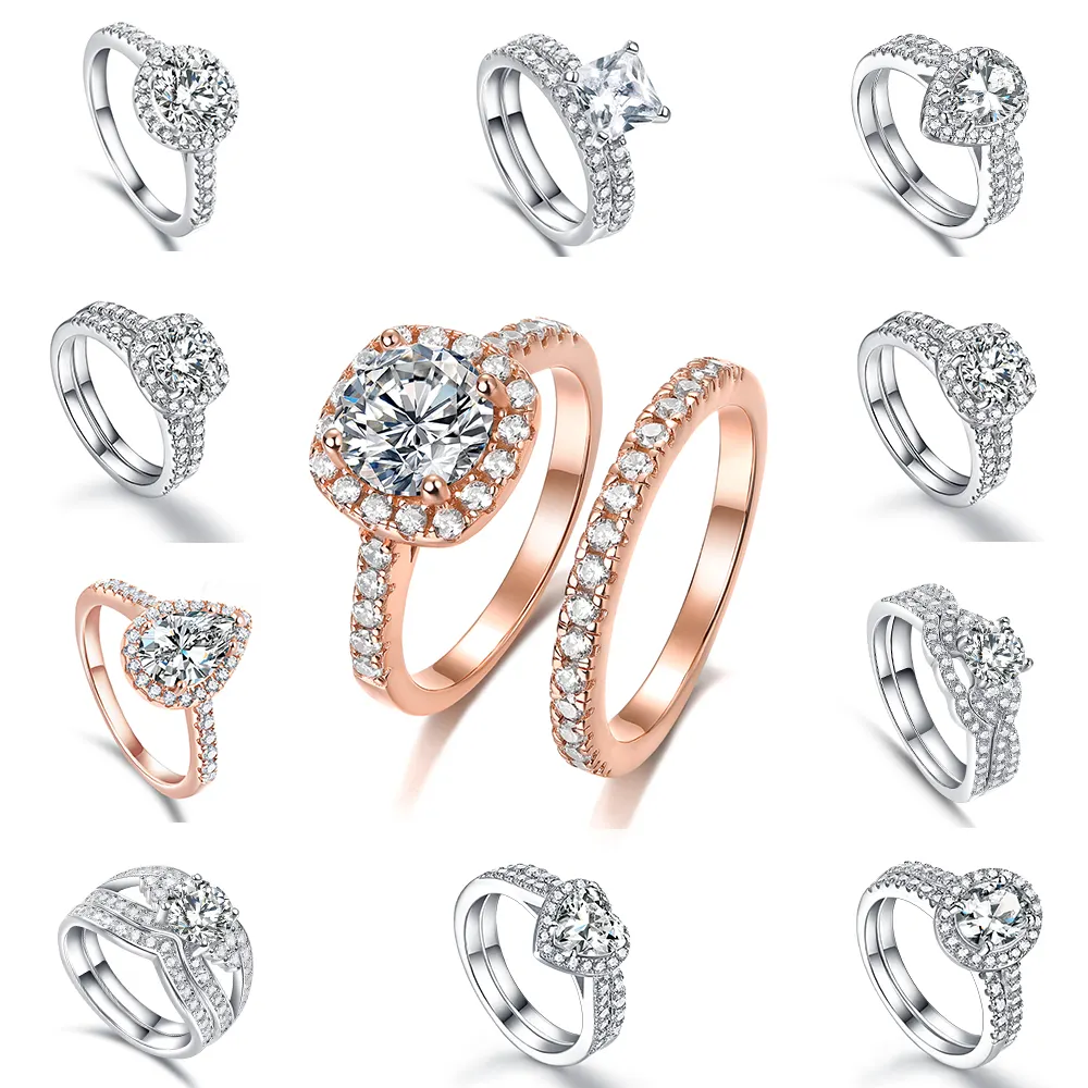 การออกแบบระดับไฮเอนด์ชุบแพลทินัมแหวนเงินแท้ 925 แหวนแต่งงานเพทาย