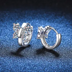 Fashion Jewelry Round Cut Moissanite Diamond Trendy Plating Platinum 925 Sterling Silver Hoop Huggie Butterfly Earring For Women