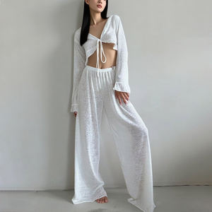 HUOYOUNG Pijama Personalizado Viscosa Modal PJ Conjuntos Transparencia 2 Piezas Cárdigan Top y Pantalones de Pierna Ancha Pijama de Dormir Conjunto de Mujeres - Product Image 1