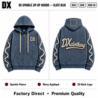 Sweat à capuche zippé personnalisé en molleton bleu ardoise scintillant avec appliqué ondulé, 480 g/m², logo 3D au dos, coupe oversize pour marques, fabricant OEM ODM