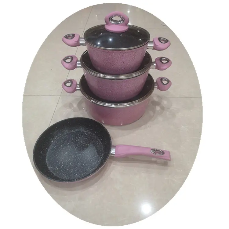 Juego de utensilios de cocina antiadherentes forjados con pintura de mármol rosa, cazuela antiadherente + sartén mezclada con fondo de inducción, 7 Uds.