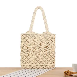 Простые художественные полые ручные сумки для вязания крючком однотонные тканые дорожные пляжные сумки ручной работы для вязания крючком