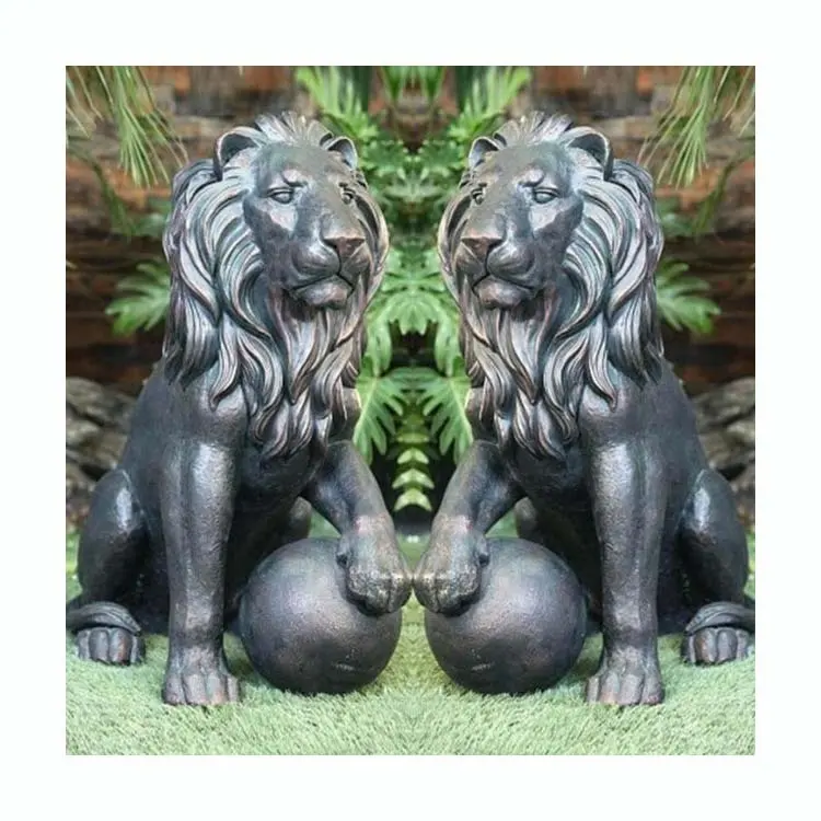 Outdoor Garden Decoration A Pair Of Large Lion And Ball Bronze Brass Statues Sculpture For Sale