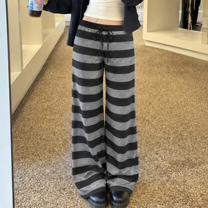 Pantalon décontracté pour femme, coupe droite ample, taille basse, avec cordon de serrage, à rayures contrastées, style streetwear américain - Product Image 3