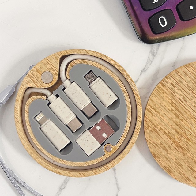 Customized Multi-Functional 6-in-1 Bamboo Charging Data Cable Universal Mobile Phone Holder Business Promotional Gifts