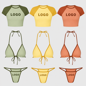 Women's 2 Piece <b>Bikini</b> <b>Set</b> Crop Top Solid Color Stretch Swimwear With Drawstring Thong Bottoms Round Neck Fashion Swimwear - Product Image 1