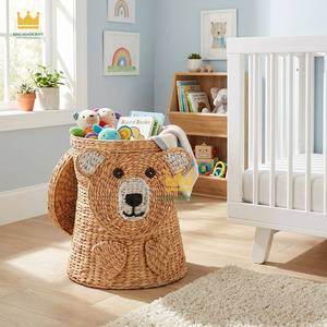 <b>Cute</b> <b>Bear</b> Shaped Water Hyacinth Storage Basket For Kids Room Cartoon Design Natural Fiber Toy Organizer Round Shape Stand Type - Product Image 6