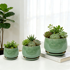 Juego de 3 Macetas para Hierbas con Bandeja, Macetas de Cerámica Verdes para Jardín Interior y Exterior, para Cocina, <span class=keywords><strong>Ventana</strong></span>, Balcón - Product Image 1