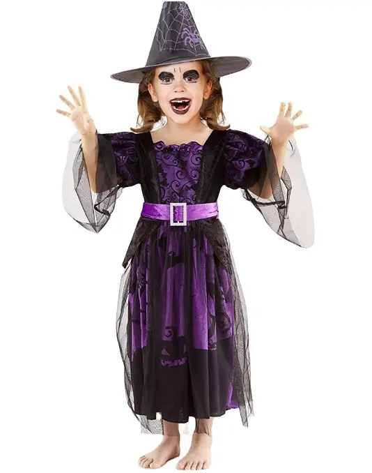 Disfraz de bruja de Halloween, traje de lujo para fiesta, vestido Morado para chica, TV y película, Cosplay de dibujos animados para Halloween, 100