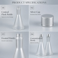 Flacon en PET de 300 ml de style Erlenmeyer, givré, conique, pour lotion hydratante, avec bouchon en aluminium argenté