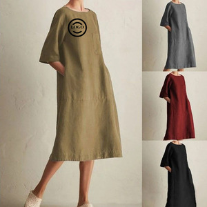 Vestido Camisero Verde Oliva de Lino, Cuello Redondo, Manga Corta, Corte Holgado, Midi, Tela de Lino y Algodón, Detalle de Bolsillo, Vestido para Mujer - Product Image 1