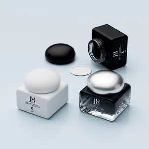 Private Label Skincare Square Glass Cosmetic Jar Frasco Para Crema 30 G 50 G Square Black Body Butter Jars With Stone Lid