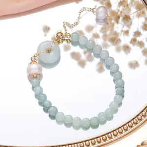 High-Quality Exquisite For Women Girls Ping An Buckle Jewelry White Freshwater Pearl Beaded Lucky Bangles Jadeite Jade Bracelet