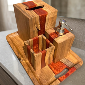 WoodAura Resin Wood Four-Piece <b>Bathroom</b> Set | Handmade Natural Wood Epoxy Resin Portable Soap Dispenser Tumbler <b>Tray</b> Classic - Product Image 1