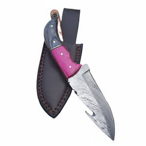 Tamaño personalizable hecho a mano de acero de Damasco hoja fija borde dentado cuchillo de caza al aire libre mango de hoja de madera Pakka gancho de espiga completa - Product Image 1