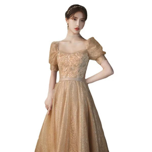 Champagne Gold Chiffon Embroidery Ball Gown Wedding Dress Sweetheart Neckline Empire Waist Floor Length for Petite Women - Product Image 5